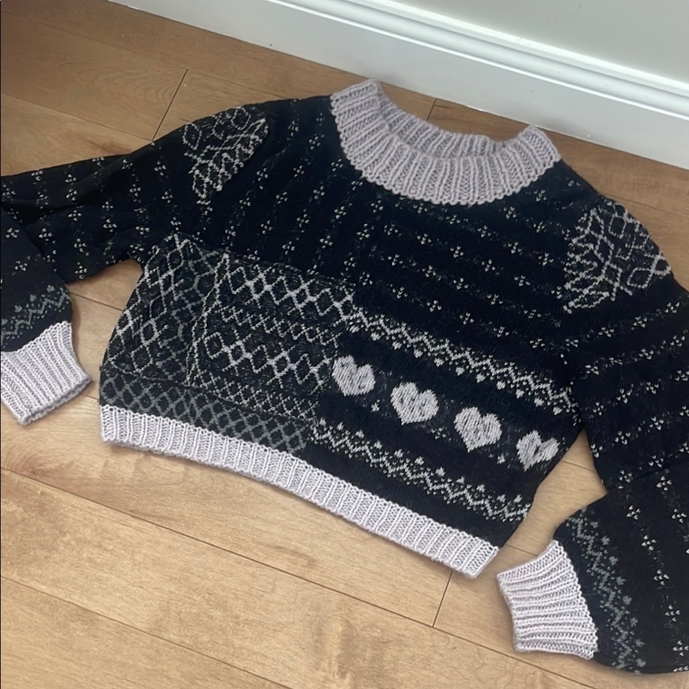 Black and Gray Crew Neck Sweaters with Nordic Patterns
